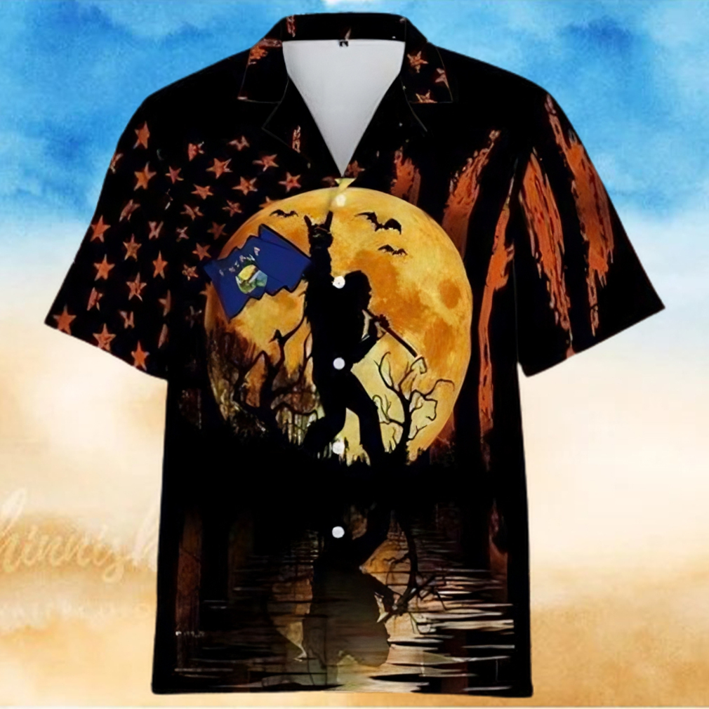 Bigfoot With Montana Flag Halloween Hawaiian Shirt