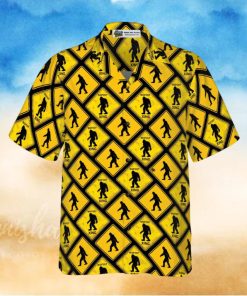 Bigfoot Yellow Square Bigfoot Hawaiian Shirt, Diamond Pattern Caution Signs Bigfoot Shirt For Men