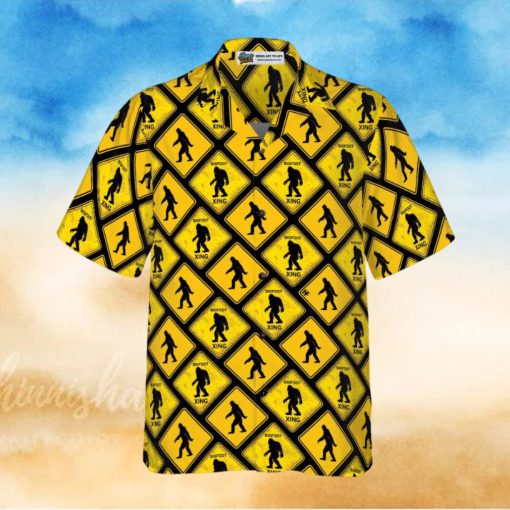 Bigfoot Yellow Square Bigfoot Hawaiian Shirt, Diamond Pattern Caution Signs Bigfoot Shirt For Men