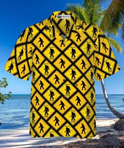 Bigfoot Yellow Square Bigfoot Hawaiian Shirt, Diamond Pattern Caution Signs Bigfoot Shirt For Men