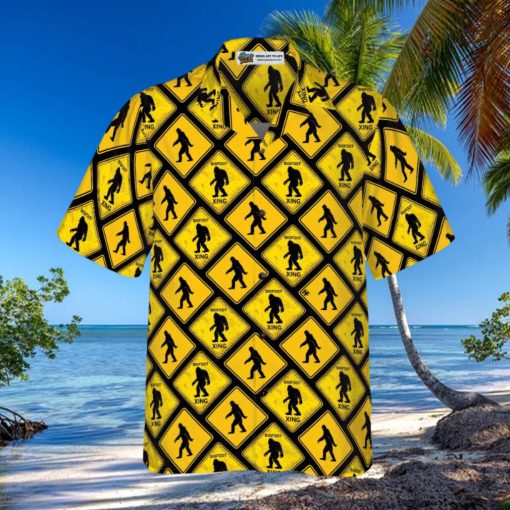 Bigfoot Yellow Square Bigfoot Hawaiian Shirt, Diamond Pattern Caution Signs Bigfoot Shirt For Men