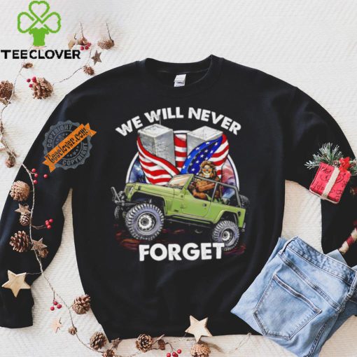 Bigfoot riding Jeep we will never forget American flag shirt