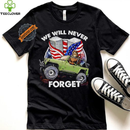 Bigfoot riding Jeep we will never forget American flag shirt
