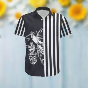 Black And White Striped Pattern Skull Cowboy Men Hawaiian Aloha Tropical Button Up Shirt For Boys On Summer Vacation