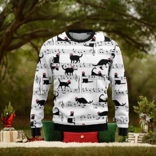 Black Cat Christmas Music Notes Ugly Christmas Sweaters 3D