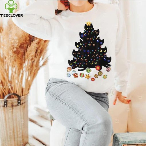 Black Cat Christmas Tree Light Funny Cat Lover Christmas Unisex Shirt