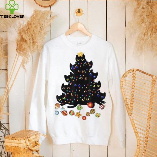 Black Cat Christmas Tree Light Funny Cat Lover Christmas Unisex Shirt