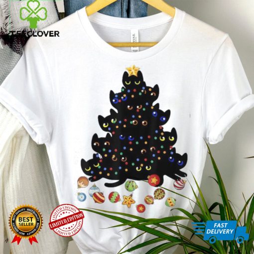 Black Cat Christmas Tree Light Funny Cat Lover Christmas Unisex Shirt