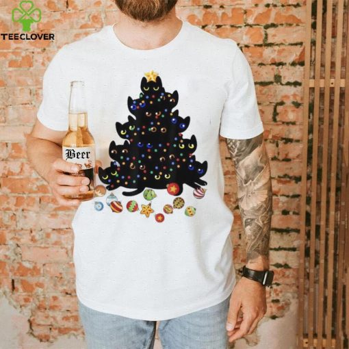 Black Cat Christmas Tree Light Funny Cat Lover Christmas Unisex Shirt