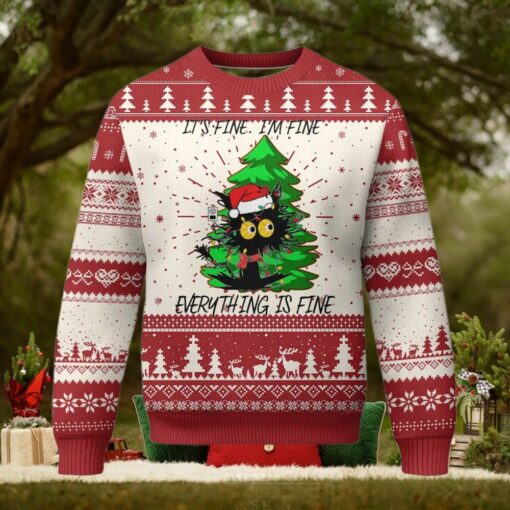 Black Cat Christmas Ugly Christmas Sweater It’s Fine I’m Fine Everthing Is Fine Funny Xmas