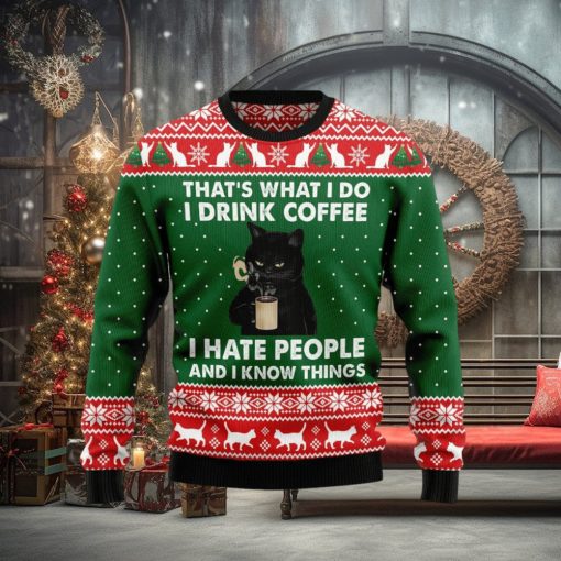 Black Cat Drink Coffee Ugly Christmas Sweater