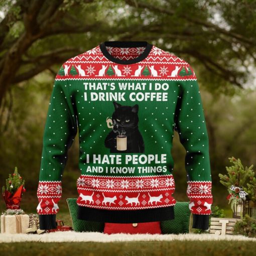 Black Cat Drink Coffee Ugly Christmas Sweater