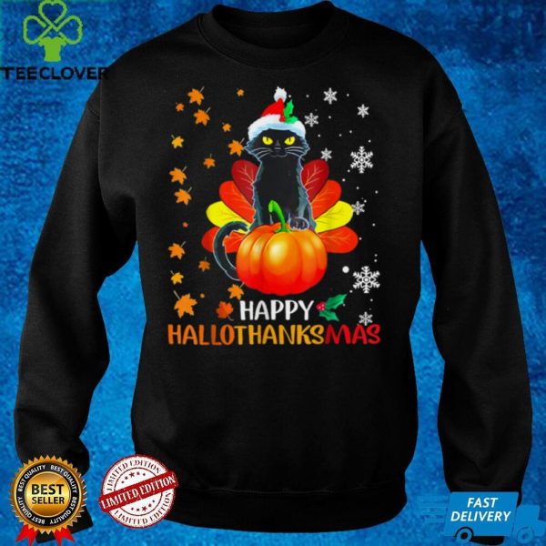 Black Cat Halloween And Merry Christmas Happy Hallothanksmas T Shirt