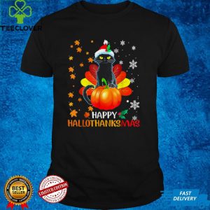 Black Cat Halloween And Merry Christmas Happy Hallothanksmas T Shirt