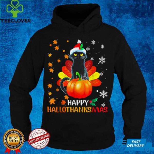 Black Cat Halloween And Merry Christmas Happy Hallothanksmas T Shirt