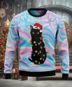 Black Cat Hologram And Mandala Pattern Knitted Ugly Xmas Sweater