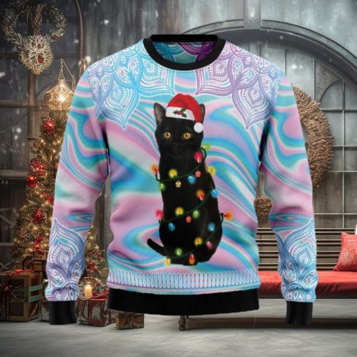 Black Cat Hologram And Mandala Pattern Knitted Ugly Xmas Sweater