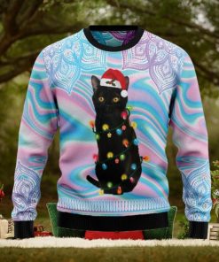 Black Cat Hologram And Mandala Pattern Knitted Ugly Xmas Sweater