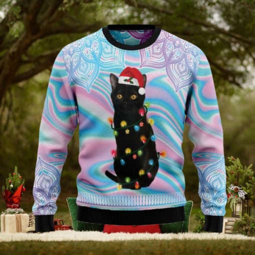 Black Cat Hologram And Mandala Pattern Knitted Ugly Xmas Sweater