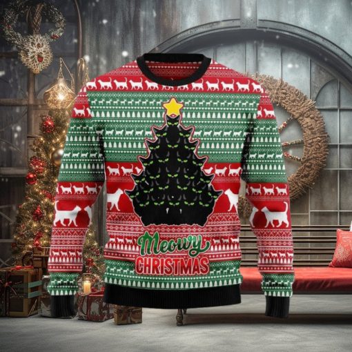Black Cat Meowy All Over Printed Knitted Wool Xmas Sweater