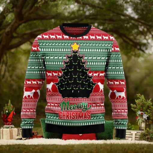 Black Cat Meowy All Over Printed Knitted Wool Xmas Sweater