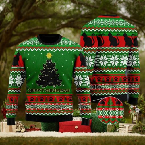 Black Cat Meowy Christmas All Over Print Ugly Xmas Wool Sweater