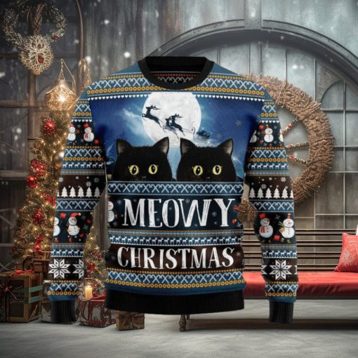 Black Cat Meowy Christmas All Over Printed Xmas Knitted Sweater