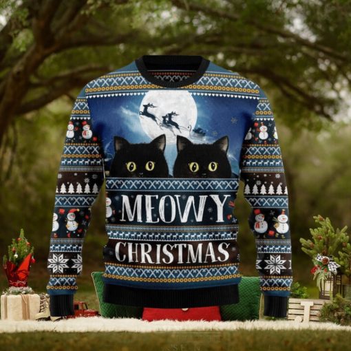 Black Cat Meowy Christmas All Over Printed Xmas Knitted Sweater