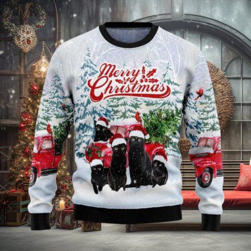 Black Cat Merry Christmas Knitted Ugly Christmas Sweater