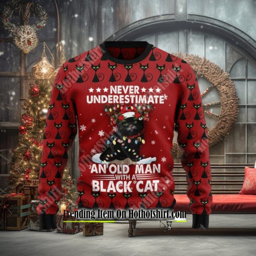 Black Cat Old Man Ugly Christmas Sweater