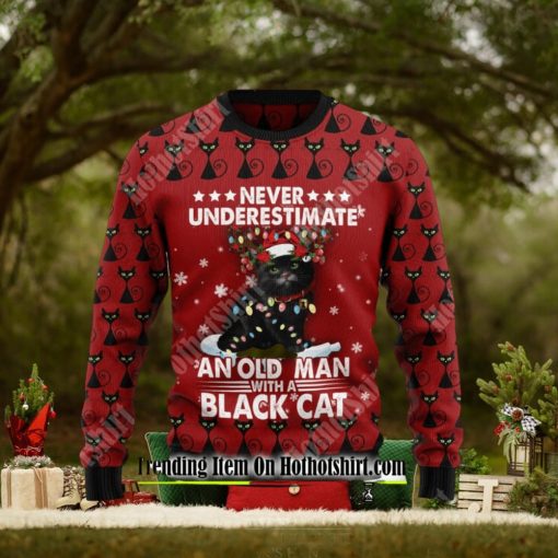 Black Cat Old Man Ugly Christmas Sweater