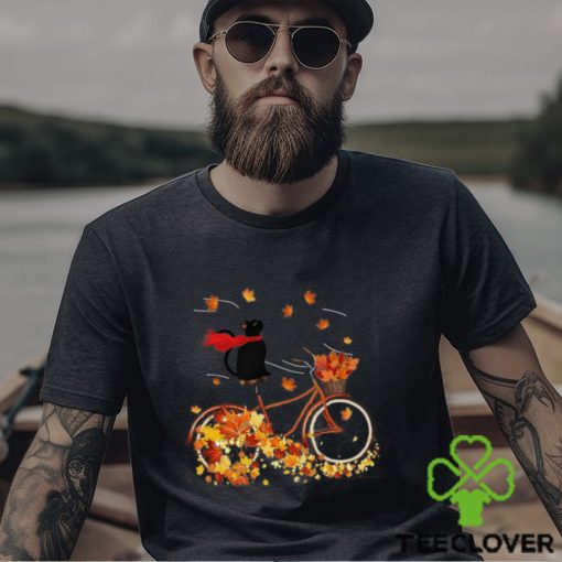 Black Cat On Fall Bicycle T Shirt