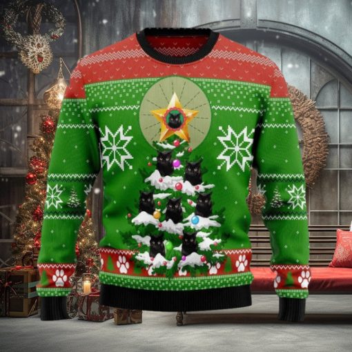 Black Cat Pine Holiday Gifts Wool Knitting Ugly Xmas Sweater