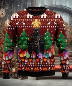 Black Cat Pine Tree All Over Print Wool Blend Ugly Xmas Sweater