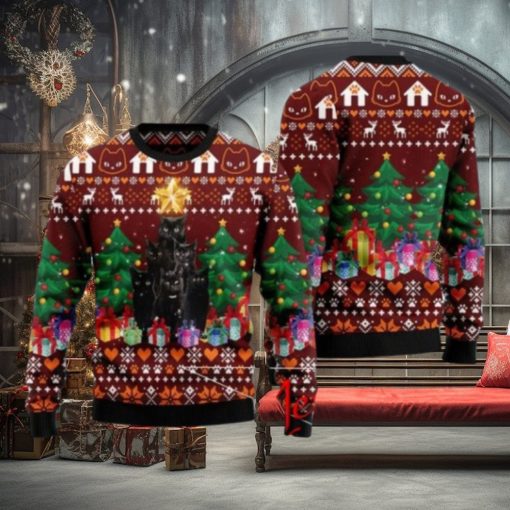 Black Cat Pine Tree Ugly Christmas Sweater Gift Knitting Sweater
