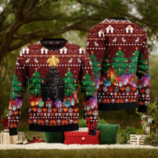 Black Cat Pine Tree Ugly Christmas Sweater Gift Knitting Sweater