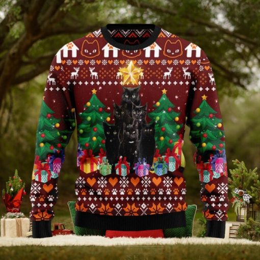 Black Cat Pine Tree Ugly Christmas Sweater