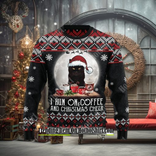 Black Cat Run On Coffee Ugly Christmas Sweater