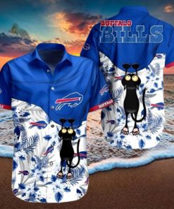 Black Cat Tropical Floral Buffalo Bills Hawaiian Shirt