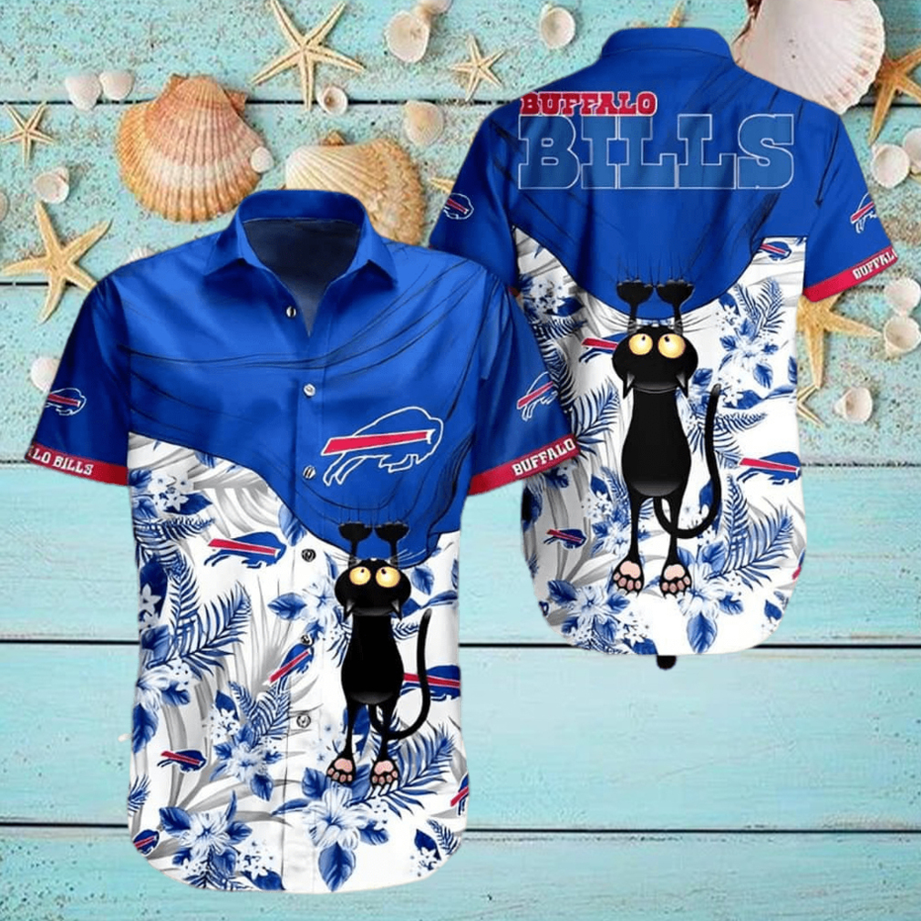 Black Cat Tropical Flowers Buffalo Bills Hawaiian Shirt - Teeclover