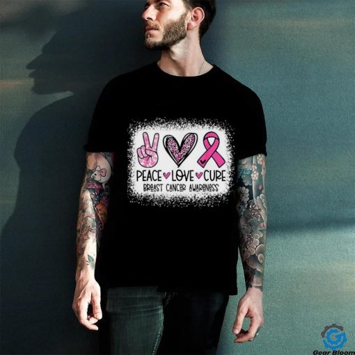 Bleached Peace Love Cure Leopard Breast Cancer Awareness T Shirt