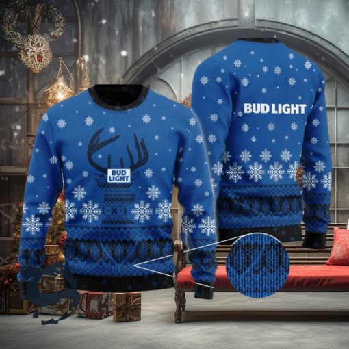 Blue Bud Light Reindeer Snowy Christmas Sweater, Christmas Gift Apparel, Merry Ugly Christmas Sweater