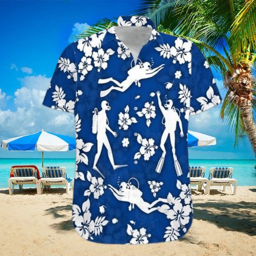 Blue Scuba Diving Hibiscus Unisex Hawaiian Shirts