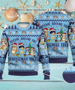 Bluey Ugly Christmas Full Print Sweater, Bluey Rockin The Christmas Tree Sweater
