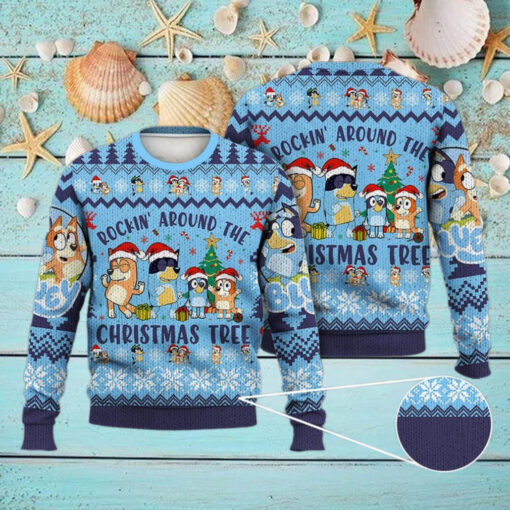 Bluey Ugly Christmas Full Print Sweater, Bluey Rockin The Christmas Tree Sweater