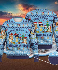 Bluey Ugly Christmas Full Print Sweater, Bluey Rockin The Christmas Tree Sweater