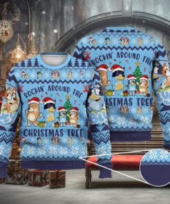 Bluey Ugly Christmas Full Print Sweater, Rockin' the Christmas Tree Sweater, Bluey Xmas Gift for Fans