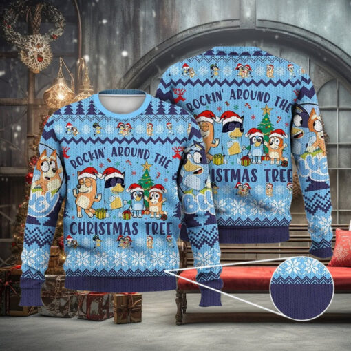 Bluey Ugly Christmas Full Print Sweater, Rockin’ the Christmas Tree Sweater, Bluey Xmas Gift for Fans