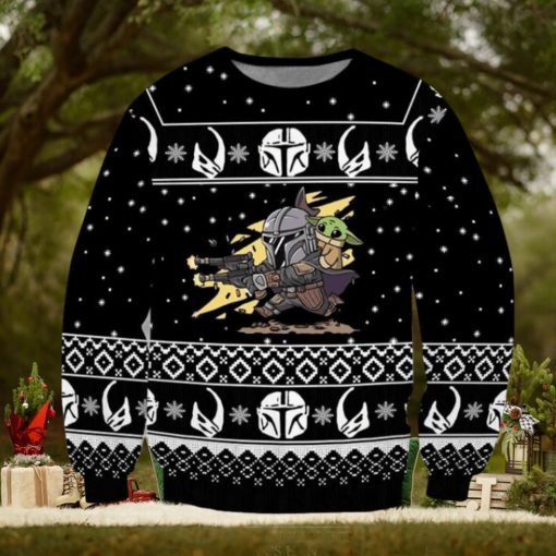 Boba Fett Baby Yoda Star Wars Shooting Pew Pew Knitted Ugly Xmas Sweater