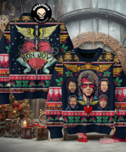 Bon Jovi Rock Band Red Heart Christmas Sweater Chirstmas Gifts 2024 Xmas For Family And Friends Ugly Sweater